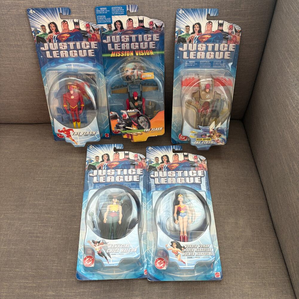 Justice League 2003 LOT 5 The Flash, Wonder Woman, Hawkgirl Action Figures NEW